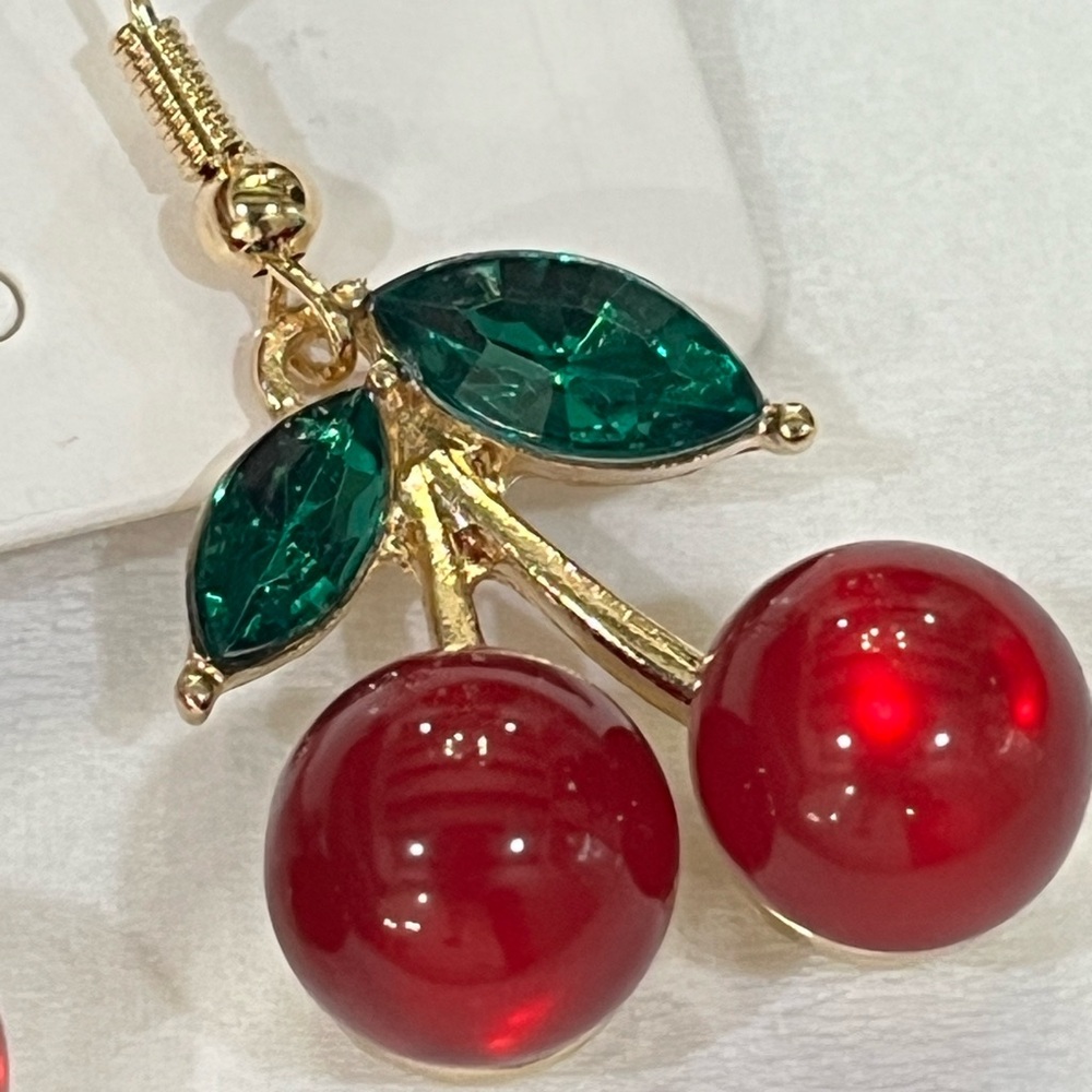 Cherry Red and Green Earrings - Picture 4 of 7